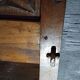 Small vintage brutalist solid oak jam cupboard with wrought iron trim