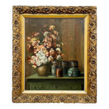 Still life with flowers. signature. in a beautiful, expensive setting.