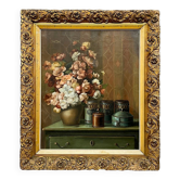 Still life with flowers. signature. in a beautiful, expensive setting.