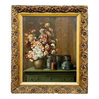 Still life with flowers. signature. in a beautiful, expensive setting.
