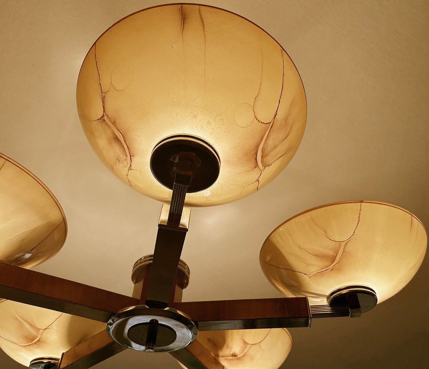 Large Art Deco pendant light in wood and glass, 1930s