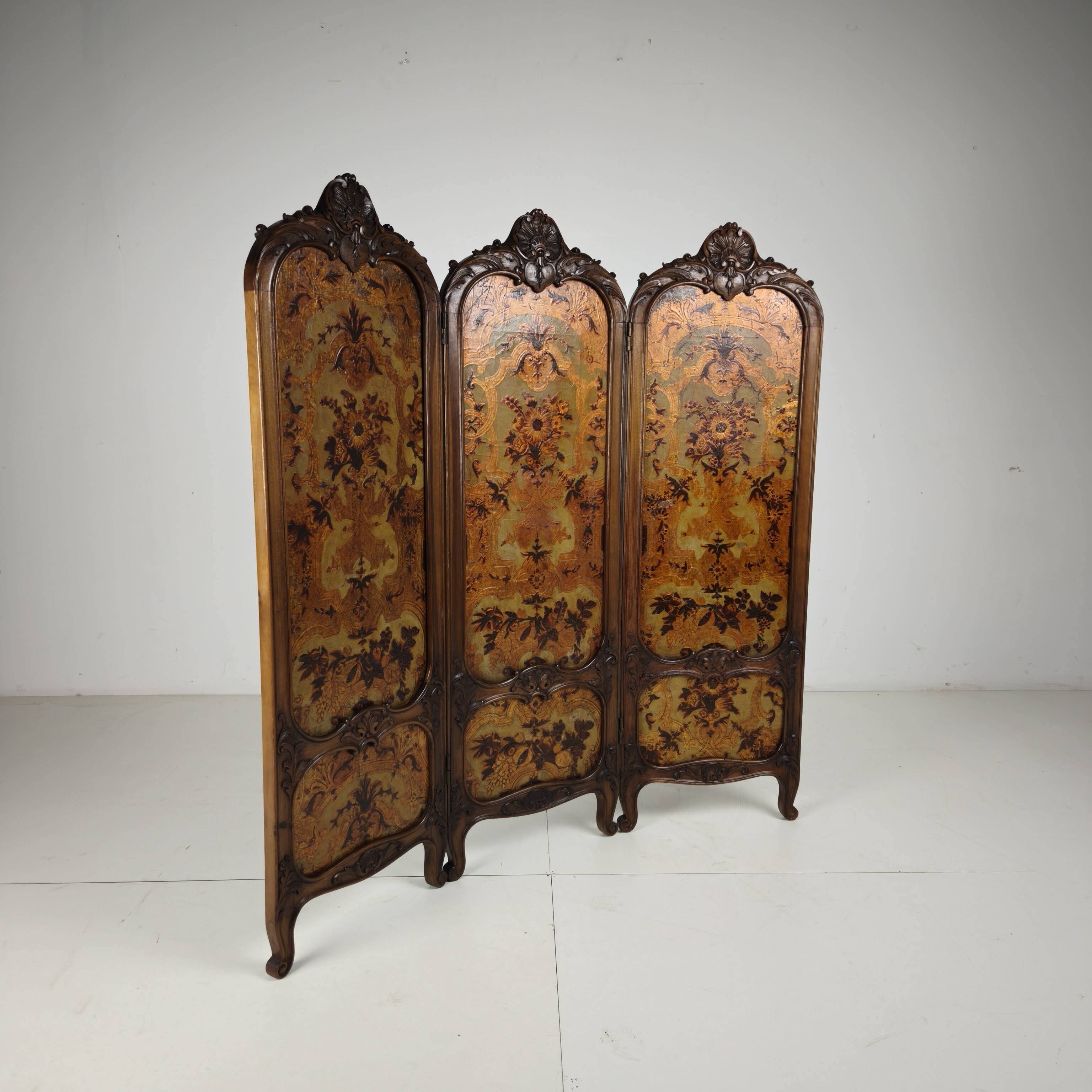 Gilt Leather Room Divider with Rich Carving, Circa 1860