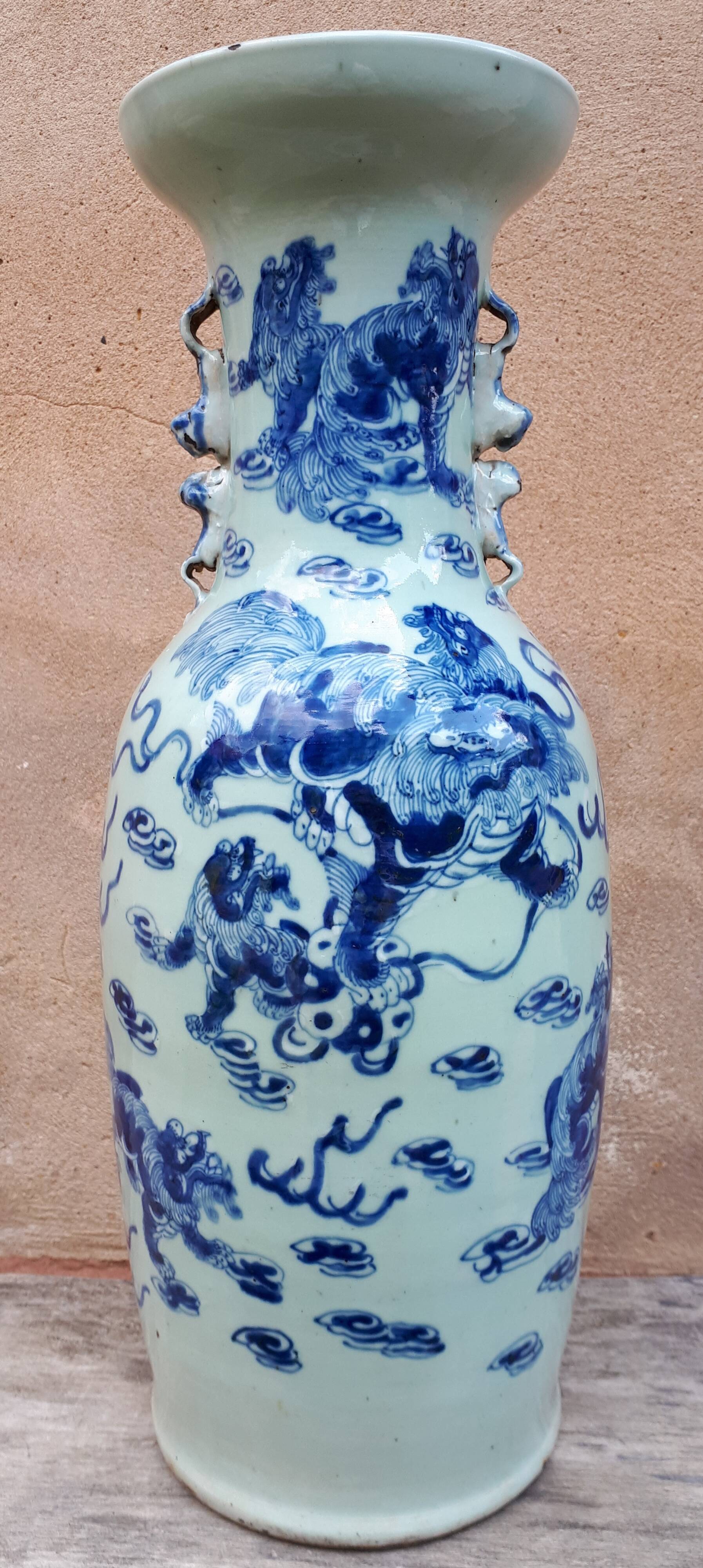 Large Chinese Celadon Vase with Shishi Decor, 19th Century China