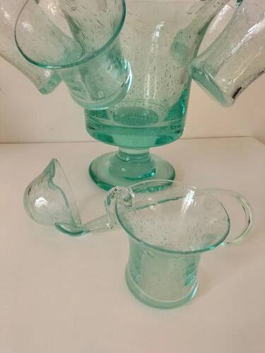Service en verre soufflé bullé vert d'eau – Coupe sur pied, 5 tasses et louche