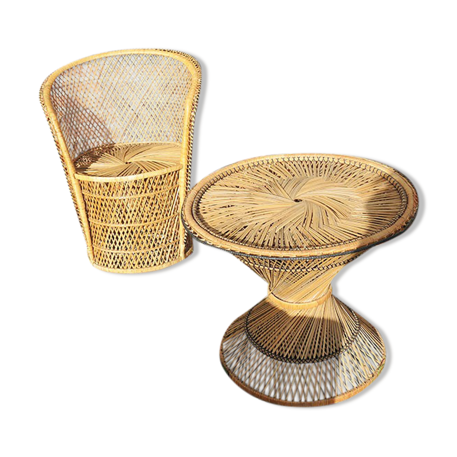Old wicker / rattan table and armchair