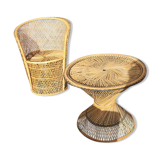 Old wicker / rattan table and armchair