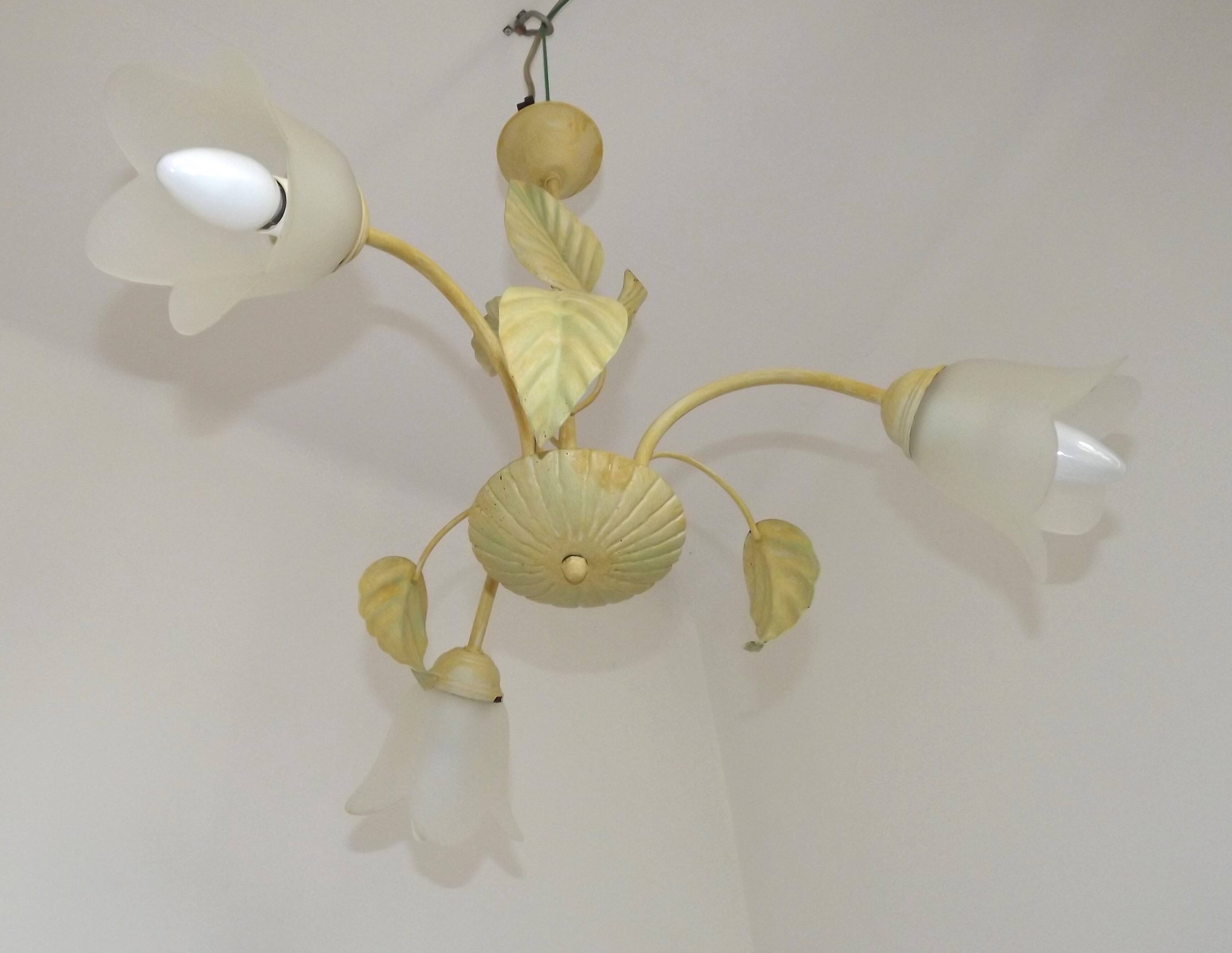 French vintage chandelier with 3 lights in leaf green metal and glass shades 5516