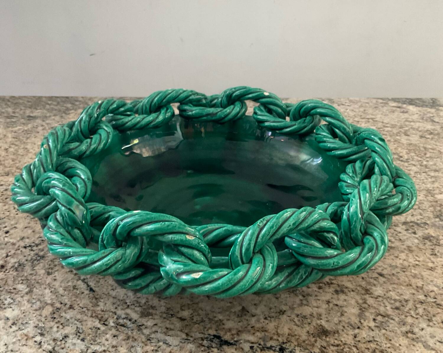 Large ceramic dish from Vallauris with green enamelled rope