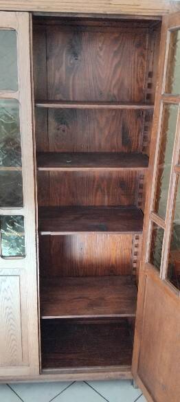 Parisian glass-fronted cabinet, Art Deco vintage bookshelf, solid oak furniture.