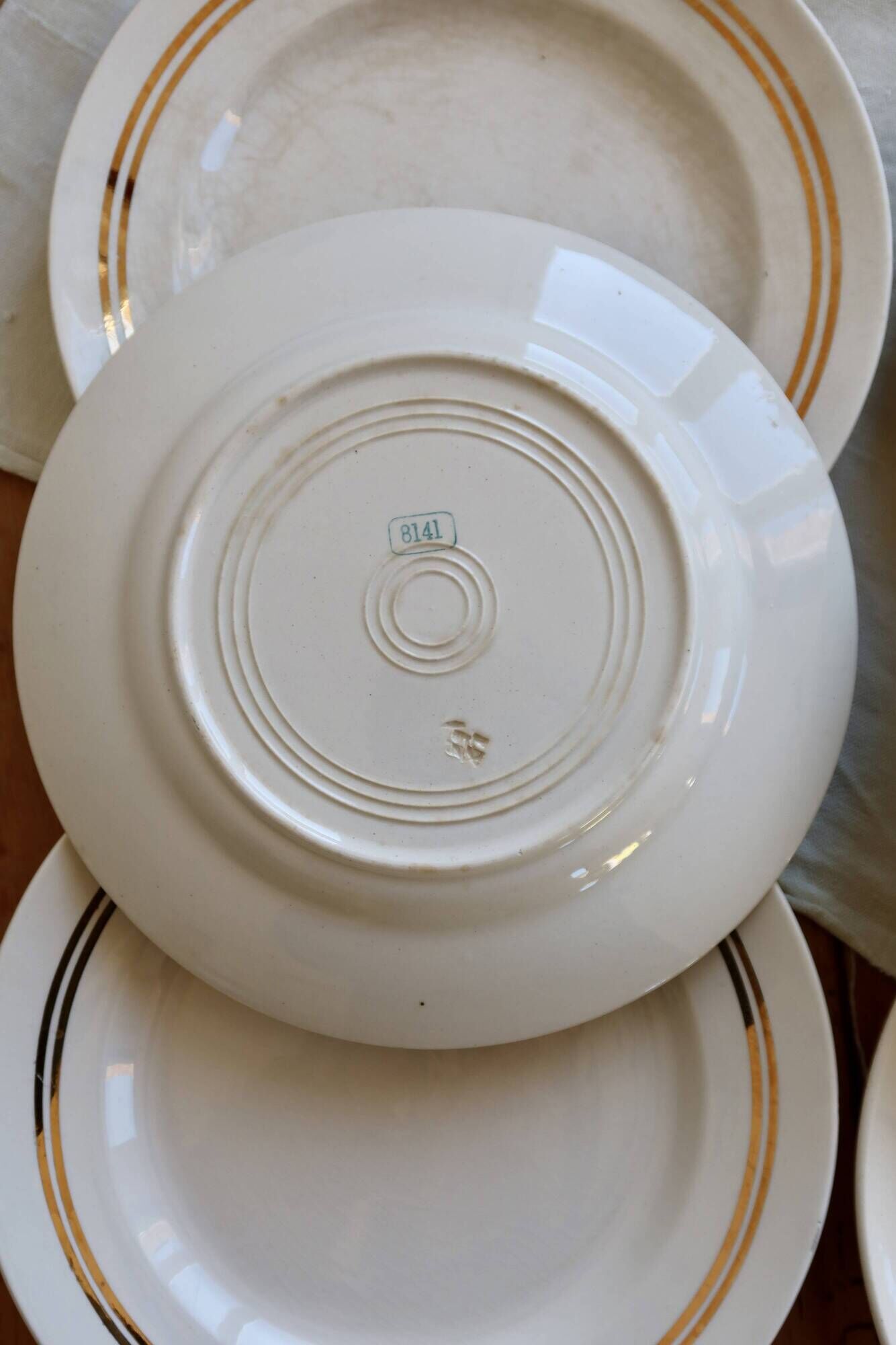 6 plates vintage ivory faience with gold trim