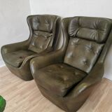 Vintage Dark Green Leather Lounge Armchair: 1970s Scandinavian Style