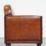 Beautiful, cognac-colored, sheep leather Art Deco design armchair in good condition