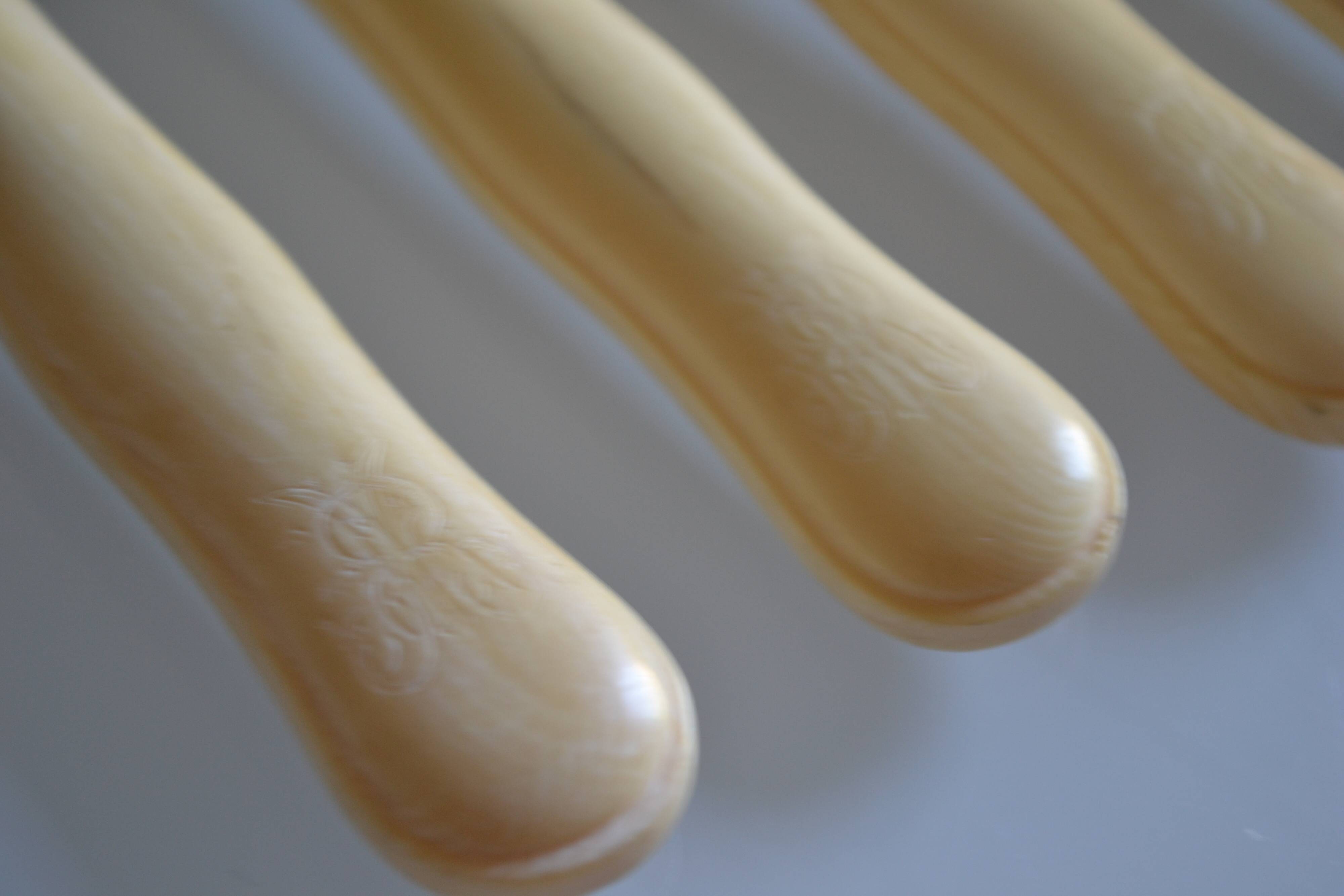 7 old table knives from the 19th century, monogrammed ivory-colored handles