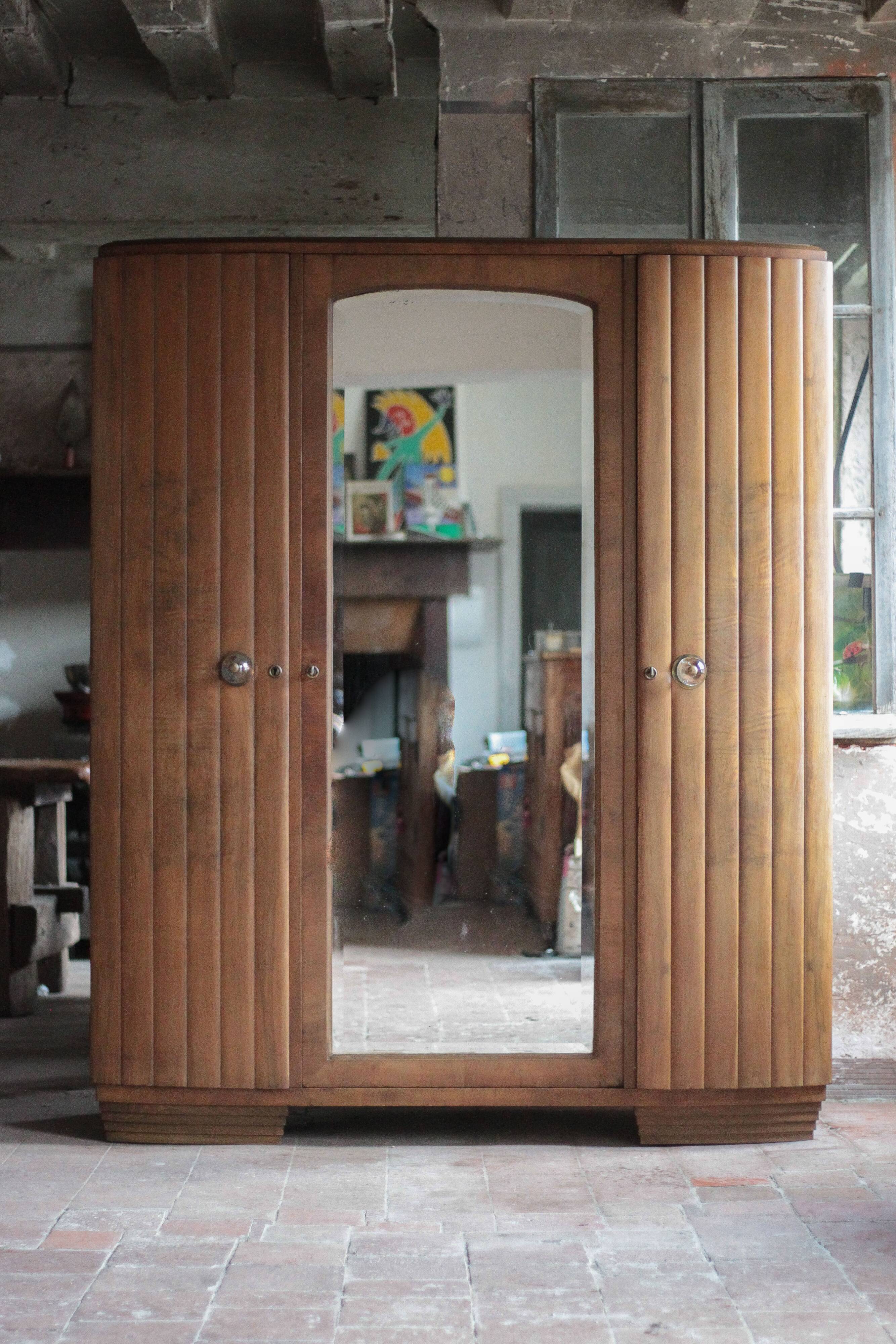 Art Deco wooden wardrobe with mirror