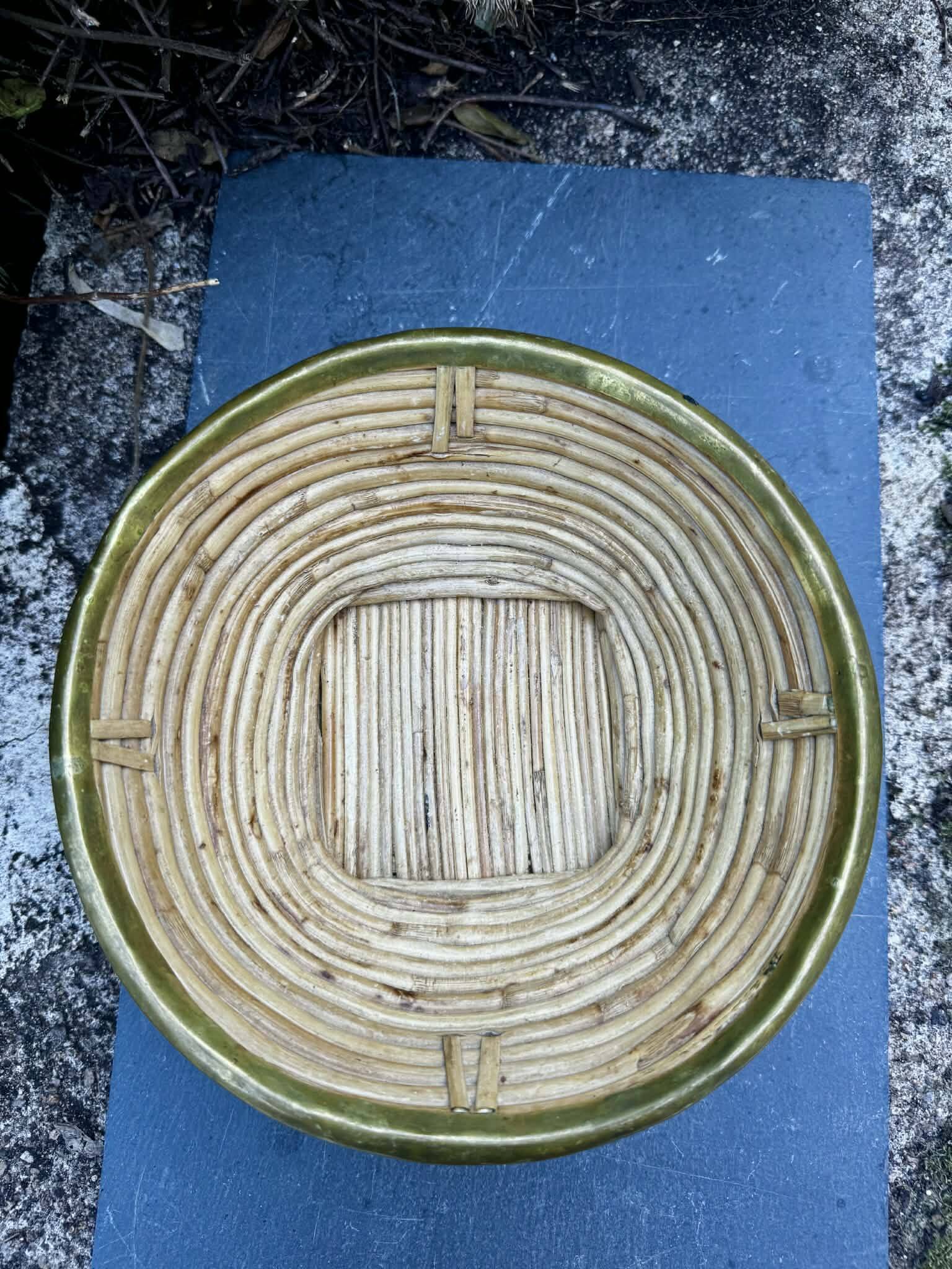 Large wicker and brass fruit bowl by Gabriella Crespi from the 1960s.