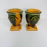 Pair of ocher and green ceramic point-a-line candlesticks