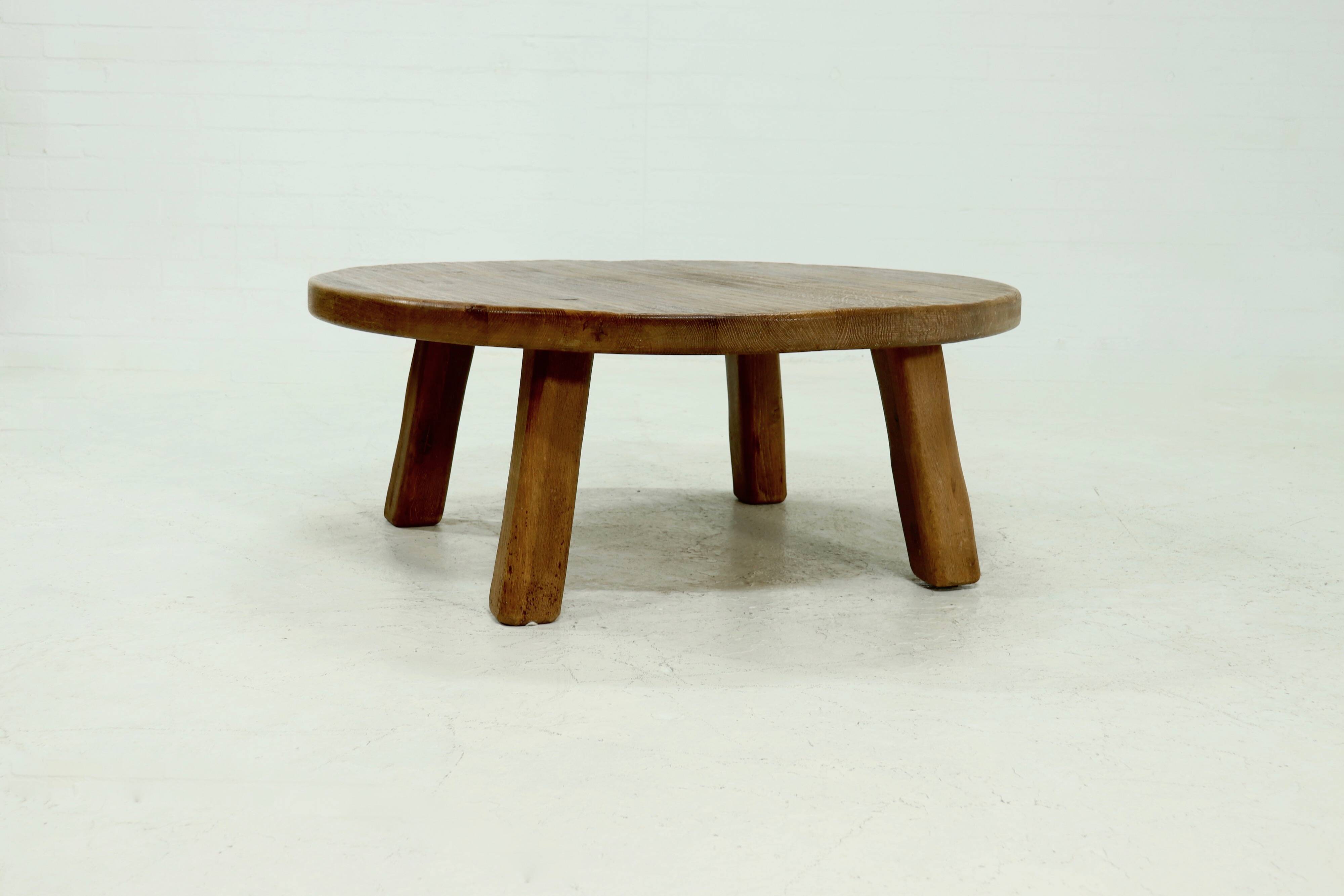 Rustic Solid Oak Round Coffee Table 1970s