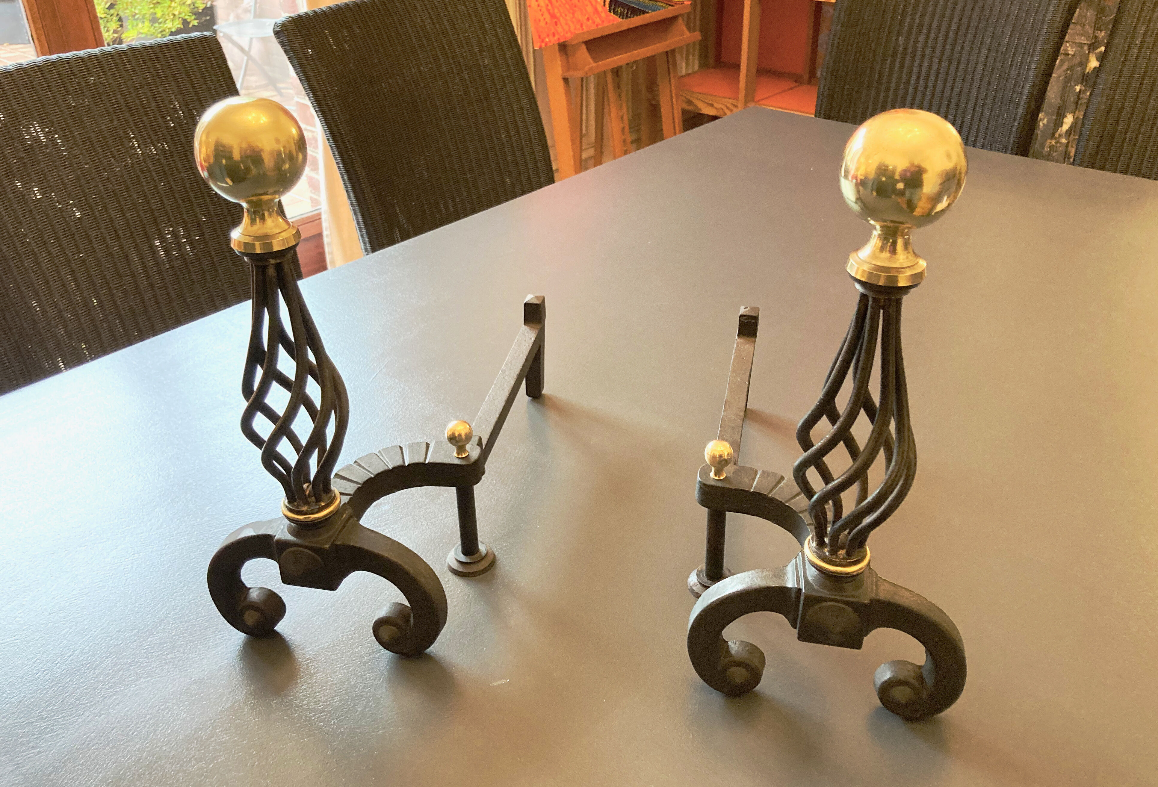 Chenets modernist bronze and cast iron