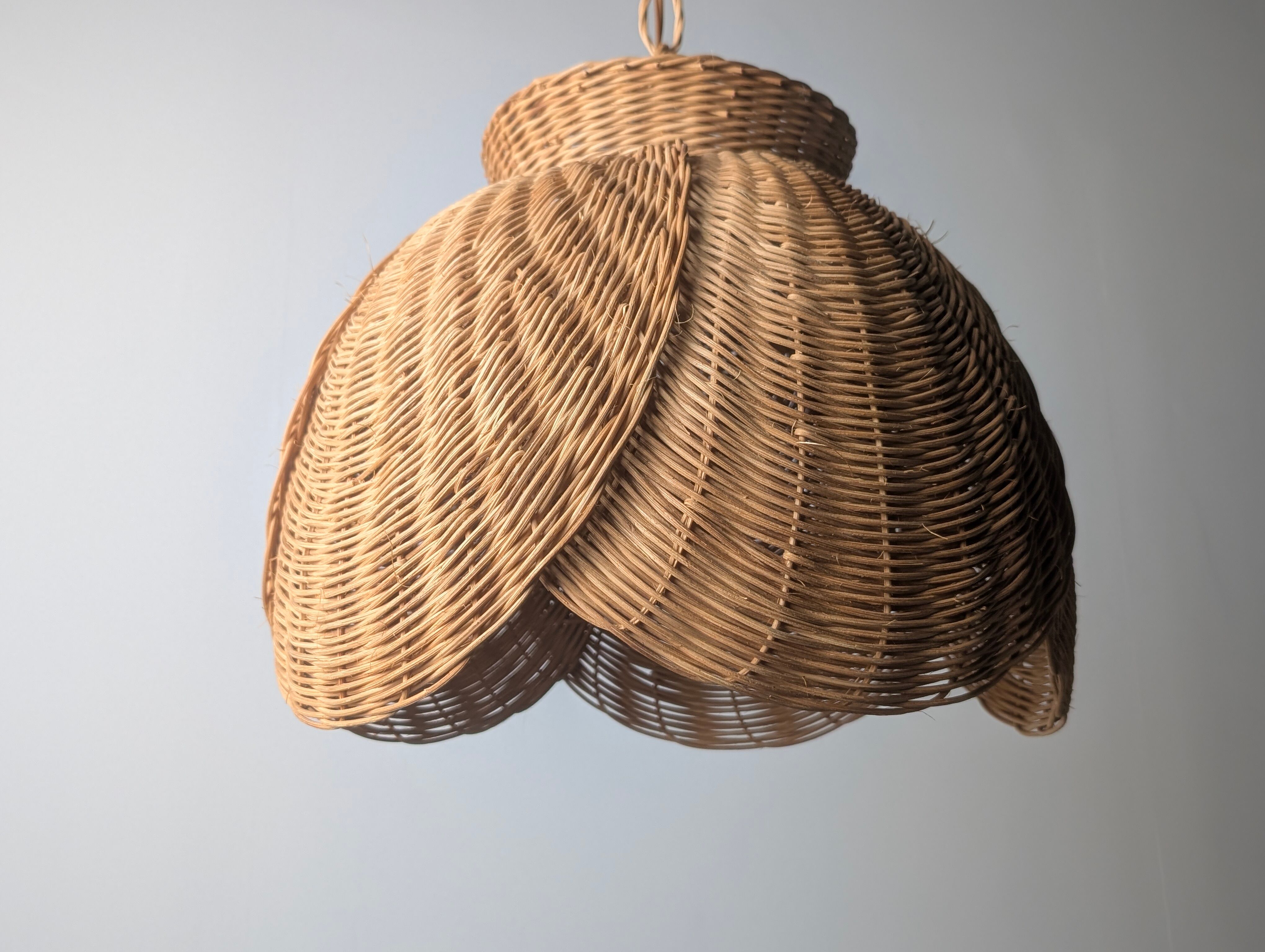 Wicker organic modern pendant lamp with overlapping petal shade, late 20th century