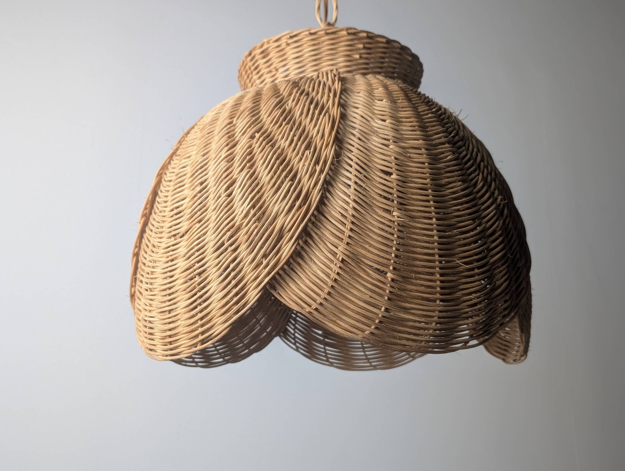 Wicker organic modern pendant lamp with overlapping petal shade, late 20th century