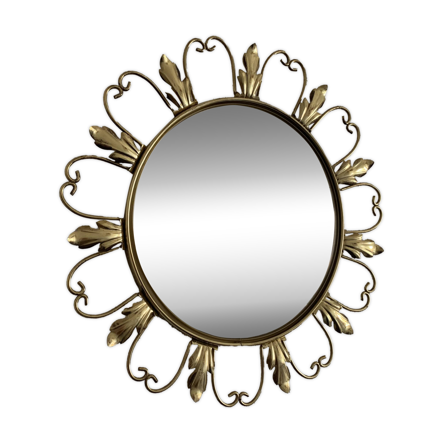Vintage 1960s witch's eye sun mirror, domed gold metal - 45 cm