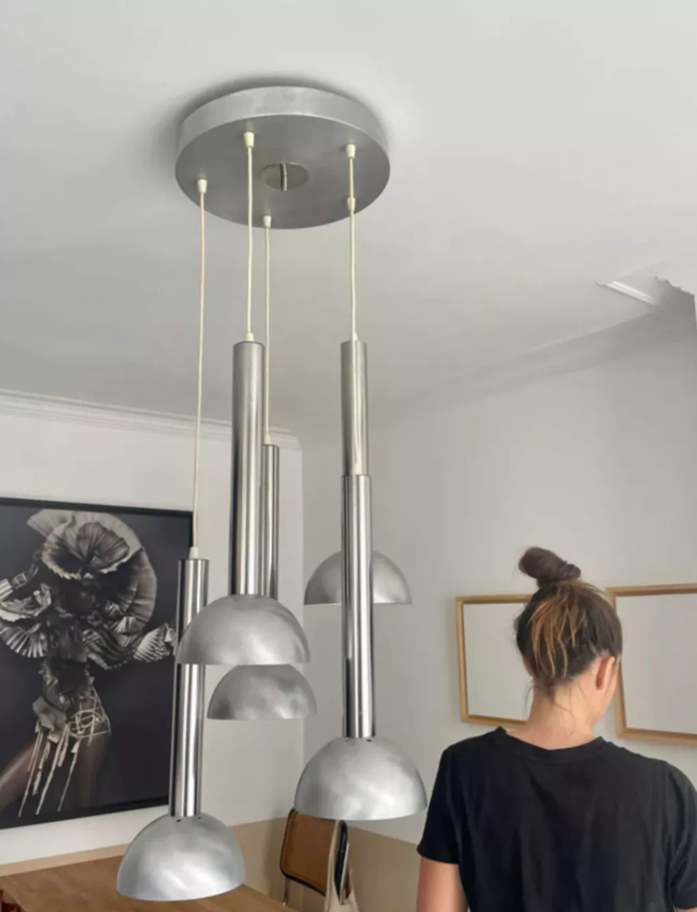 Vintage pendant lamp, chromed and brushed metal, France 1970