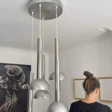 Vintage pendant lamp, chromed and brushed metal, France 1970