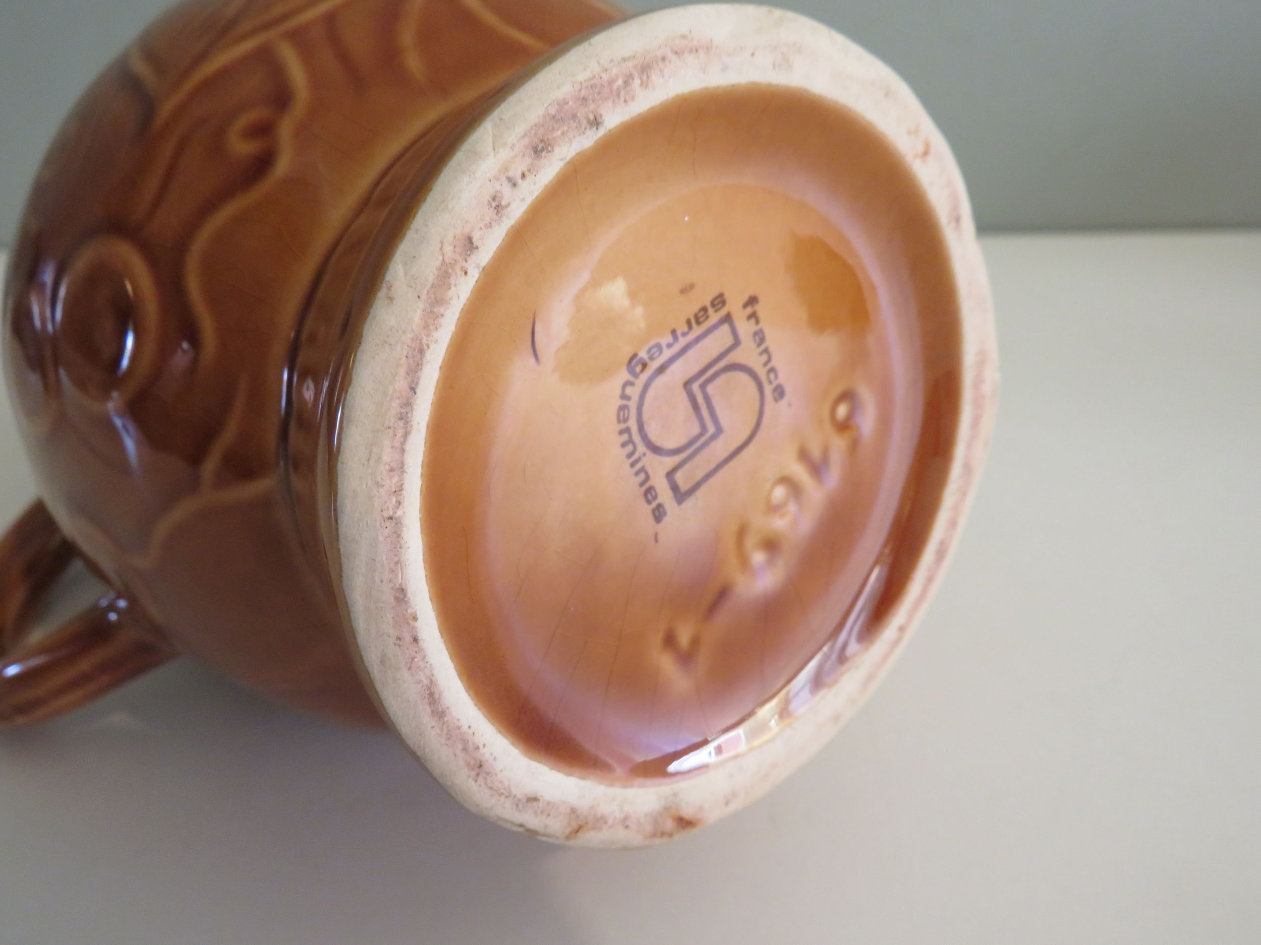 Sarreguemines pitcher and goblets, France 1970s