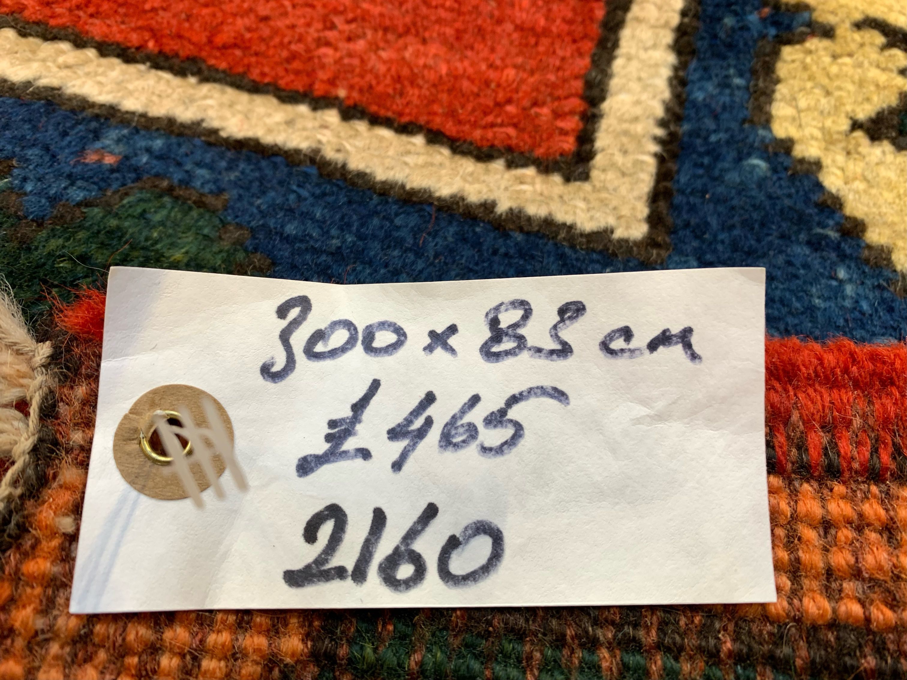 Vintage turkish runner 300x83 cm kazak rug, terracotta red, green, beige blue