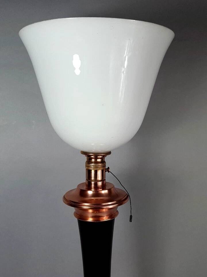 Antique large Mazda Art Deco lamp: opaline glass, wood & copper, 77 cm S802