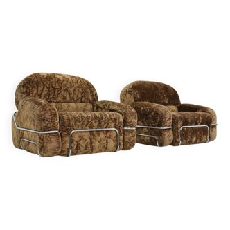 Vintage Italian armchairs chrome and velvet 1970s, set of 2