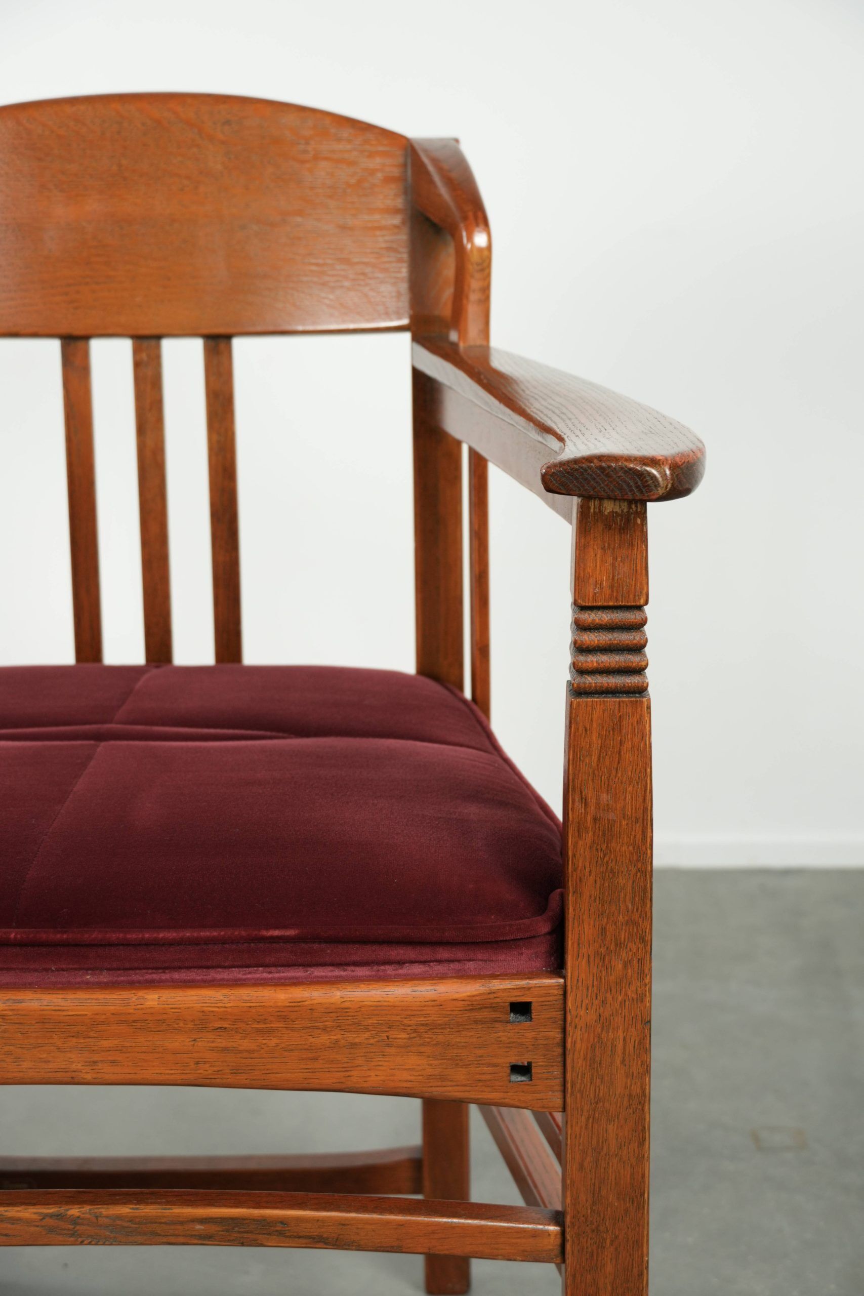 Set of two Art Nouveau design dining chairs with  red fabric upholstery
