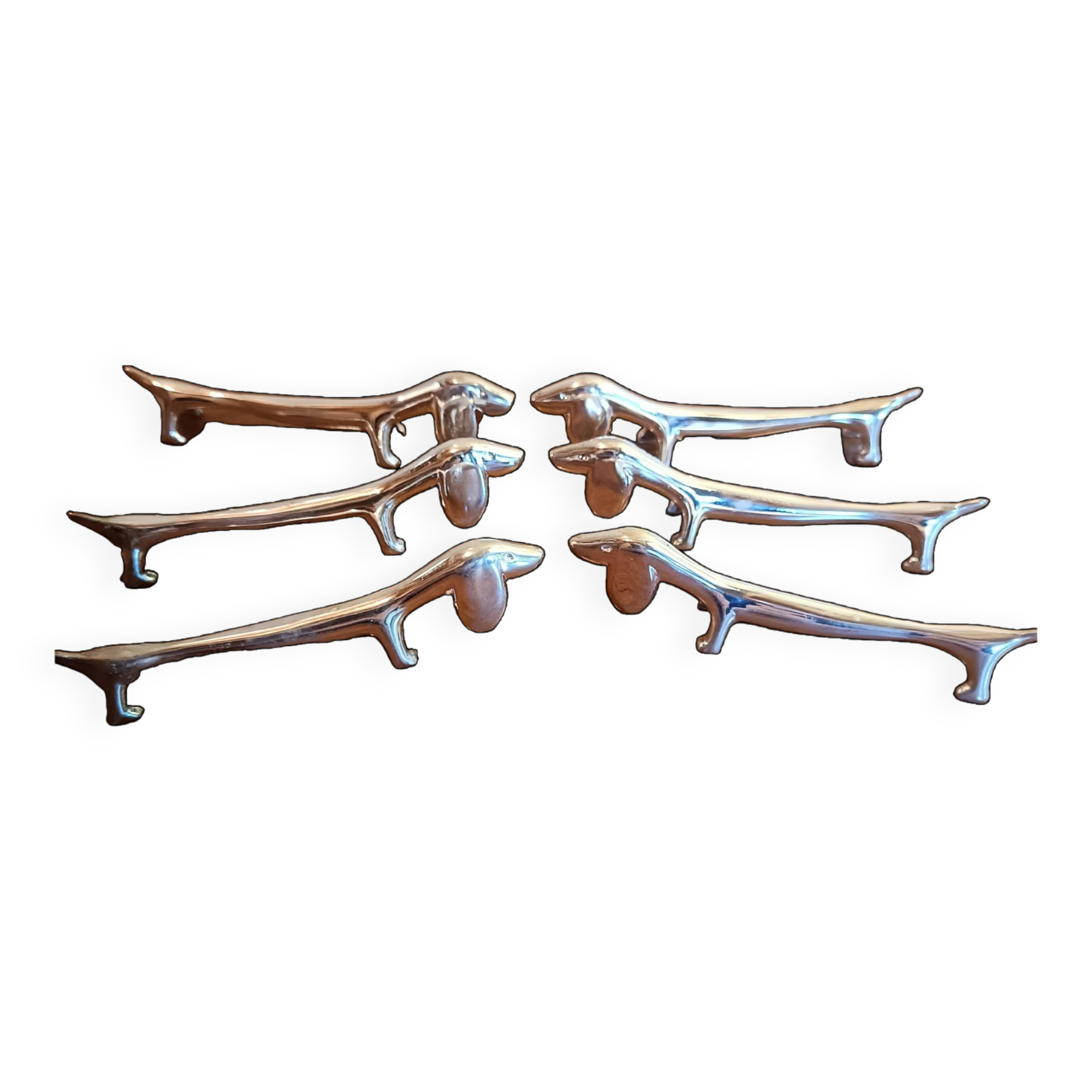 Six silver metal knife holders basset hound