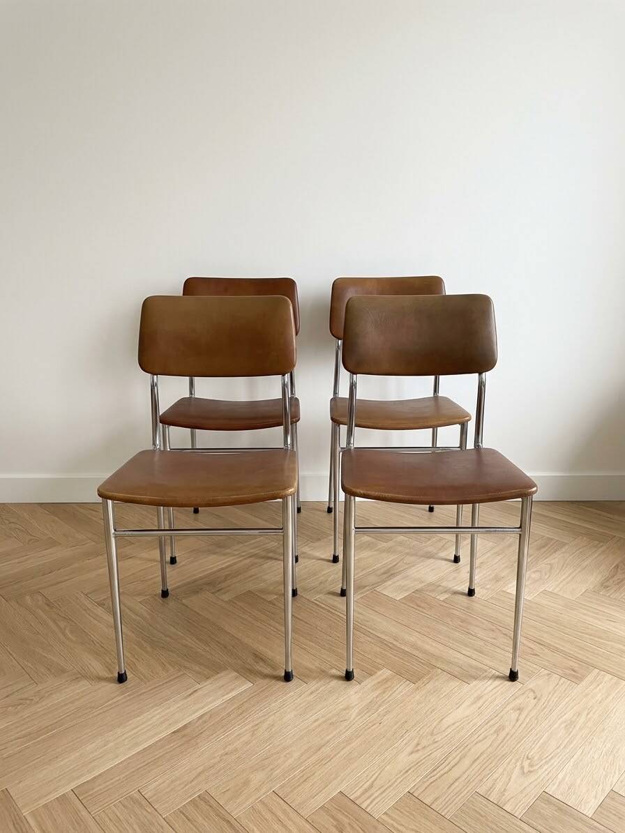 Set of 4 vintage 1970s brown faux leather chairs.