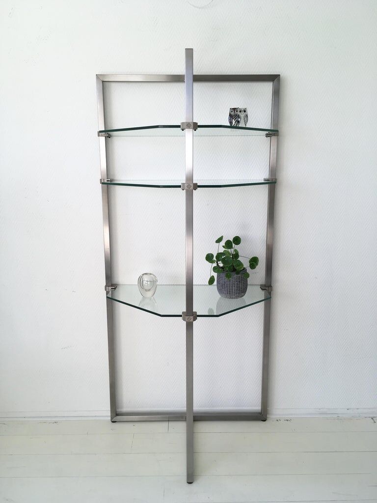 Stainless steel and glass wall shelf, bookcase by Peter Ghyzy, model pioneer