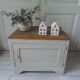 Storage furniture, bedside, pearl grey patinated sofa end, oak tray.