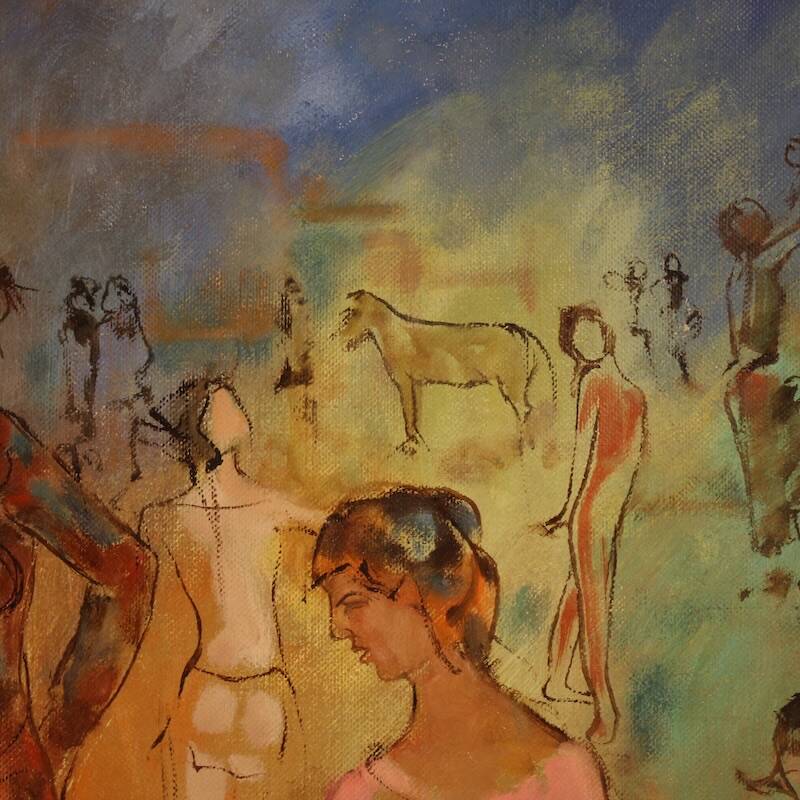Italian painting, Family of Acrobats, dated 1981