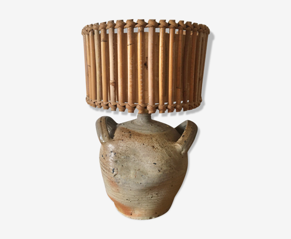 Lampe poterie et abat-jour rotin et papier, câble tressé 2 m