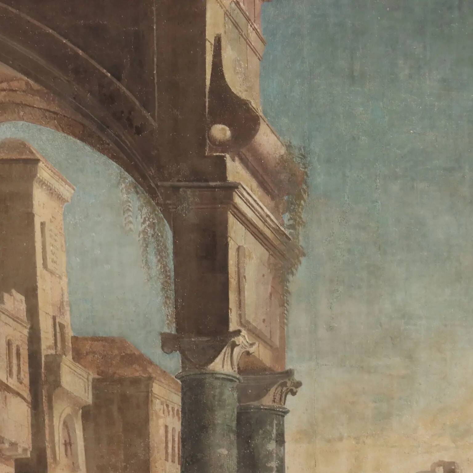 Large ancient architectural painting in tempera on canvas from the 18th century.