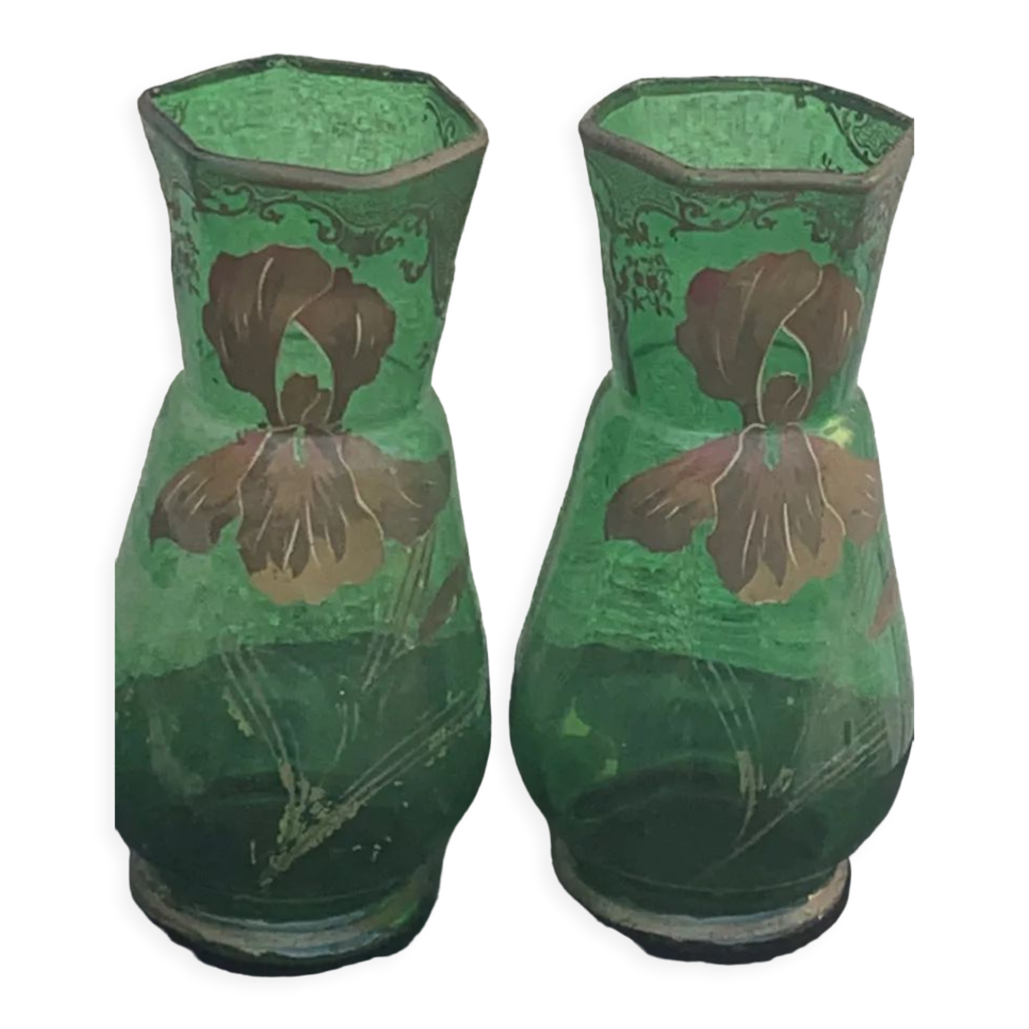 Pair of iris vases gilded transparent glass green and iris hand painted art nouveau, collector