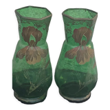Paire de vases aux iris dore verre transparent vert et iris peint a la main art nouveau, collector