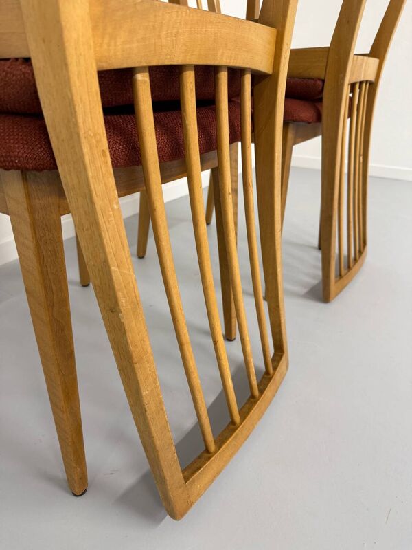 Lot de 4 chaises en hêtre massif et tissu vintage orangé design années 70