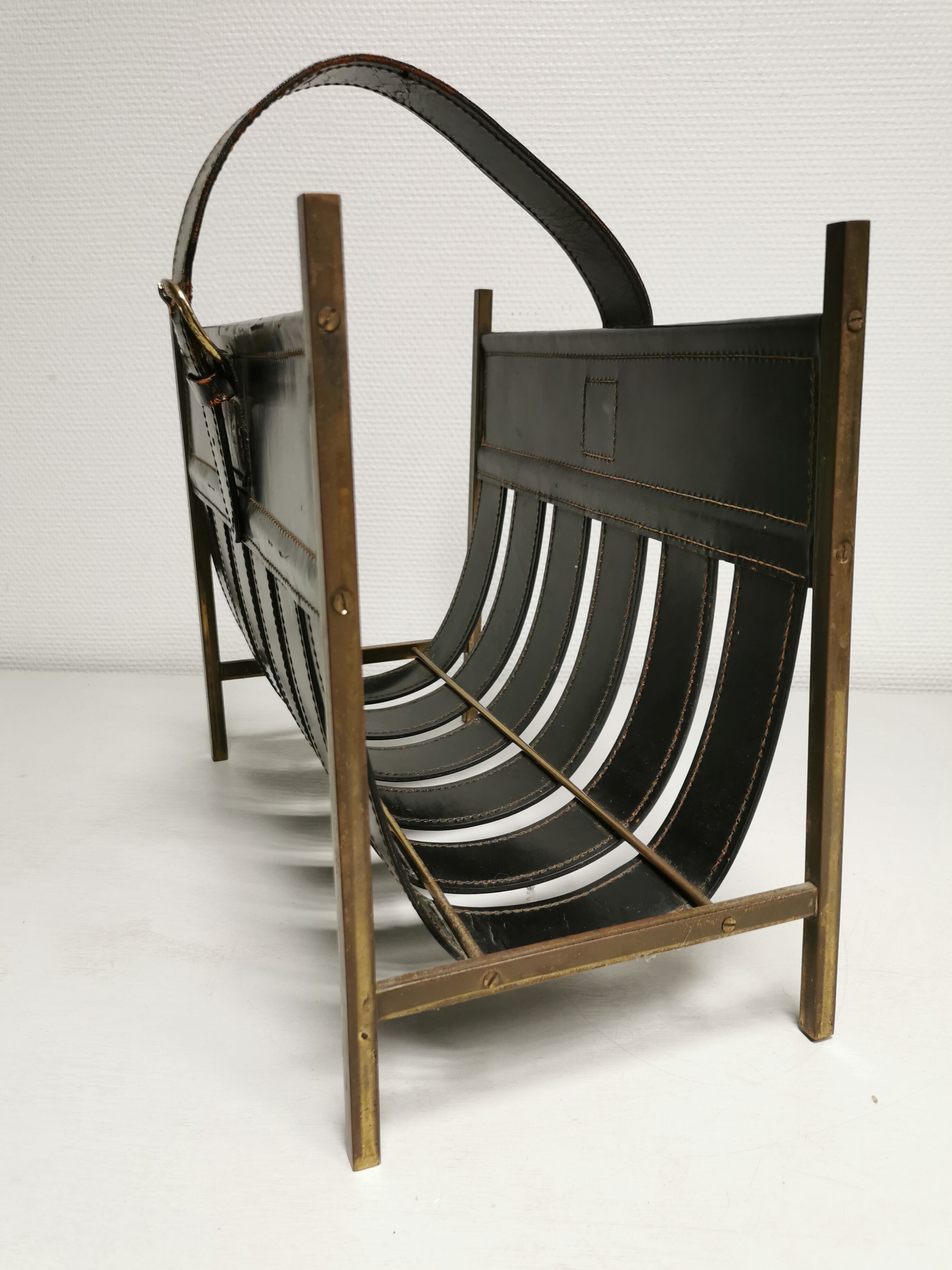 Vintage leather magazine rack, 50s