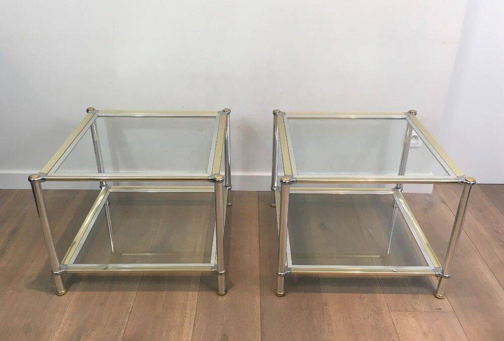 Pair of chrome, gold and silver side tables