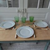 Table, desk Smoked green base, wooden top.