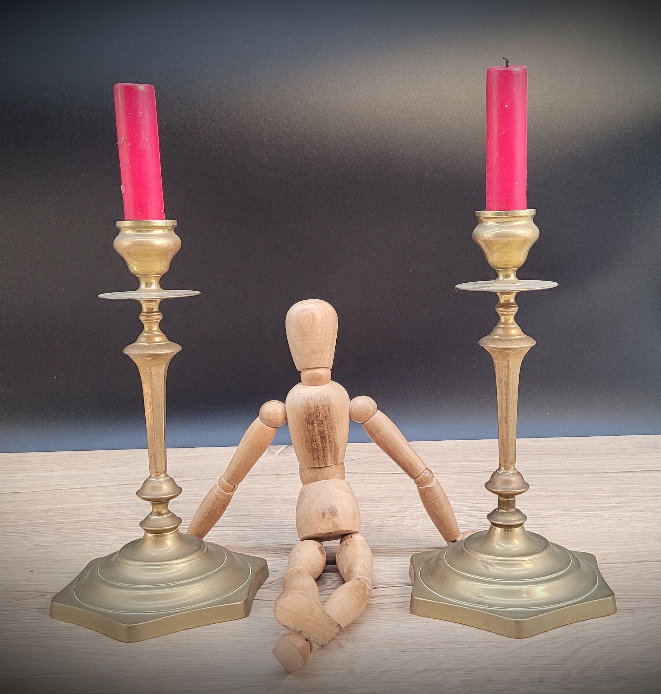 Pair brass candlesticks hexagon