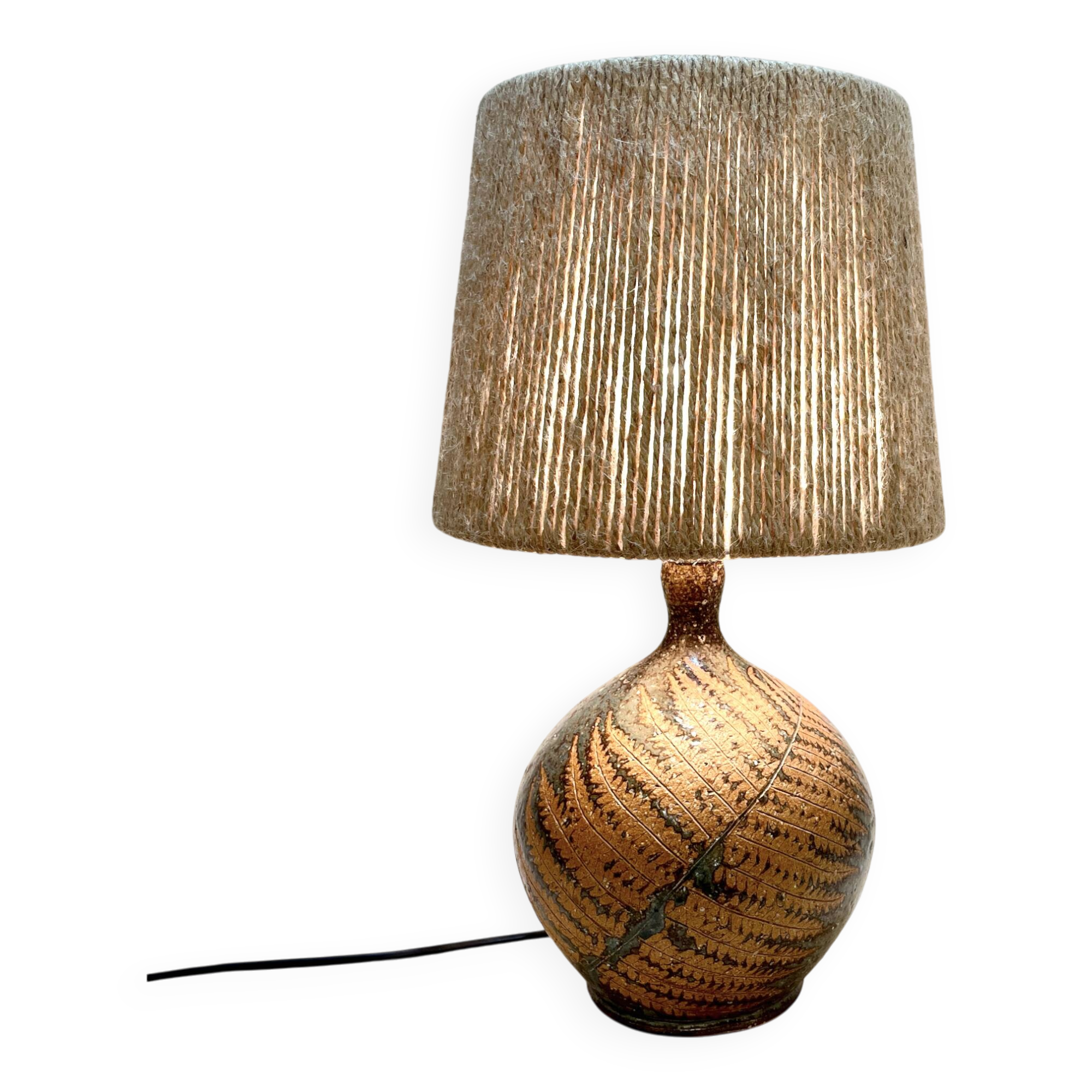 Vintage stoneware lamp by Alain Blanchard, 1970s, fern, rope shade