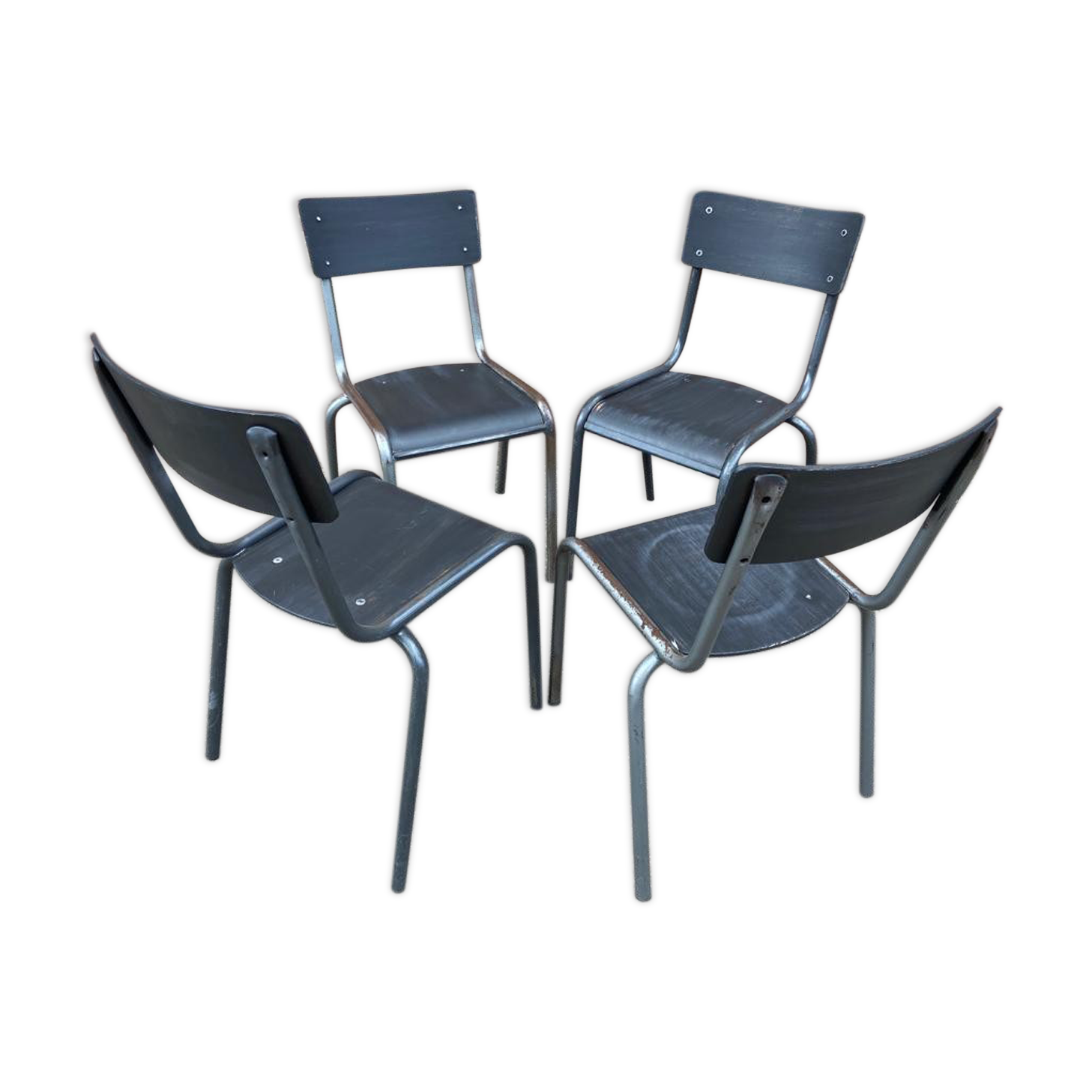 4 industrial school chairs tubular steel and mullca type wood