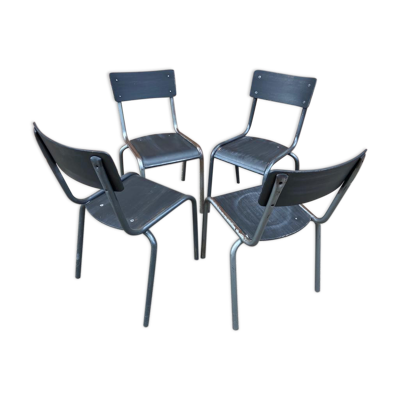 4 chaises industrielles d'école acier tubulaire et bois type mullca