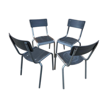 4 industrial school chairs tubular steel and mullca type wood